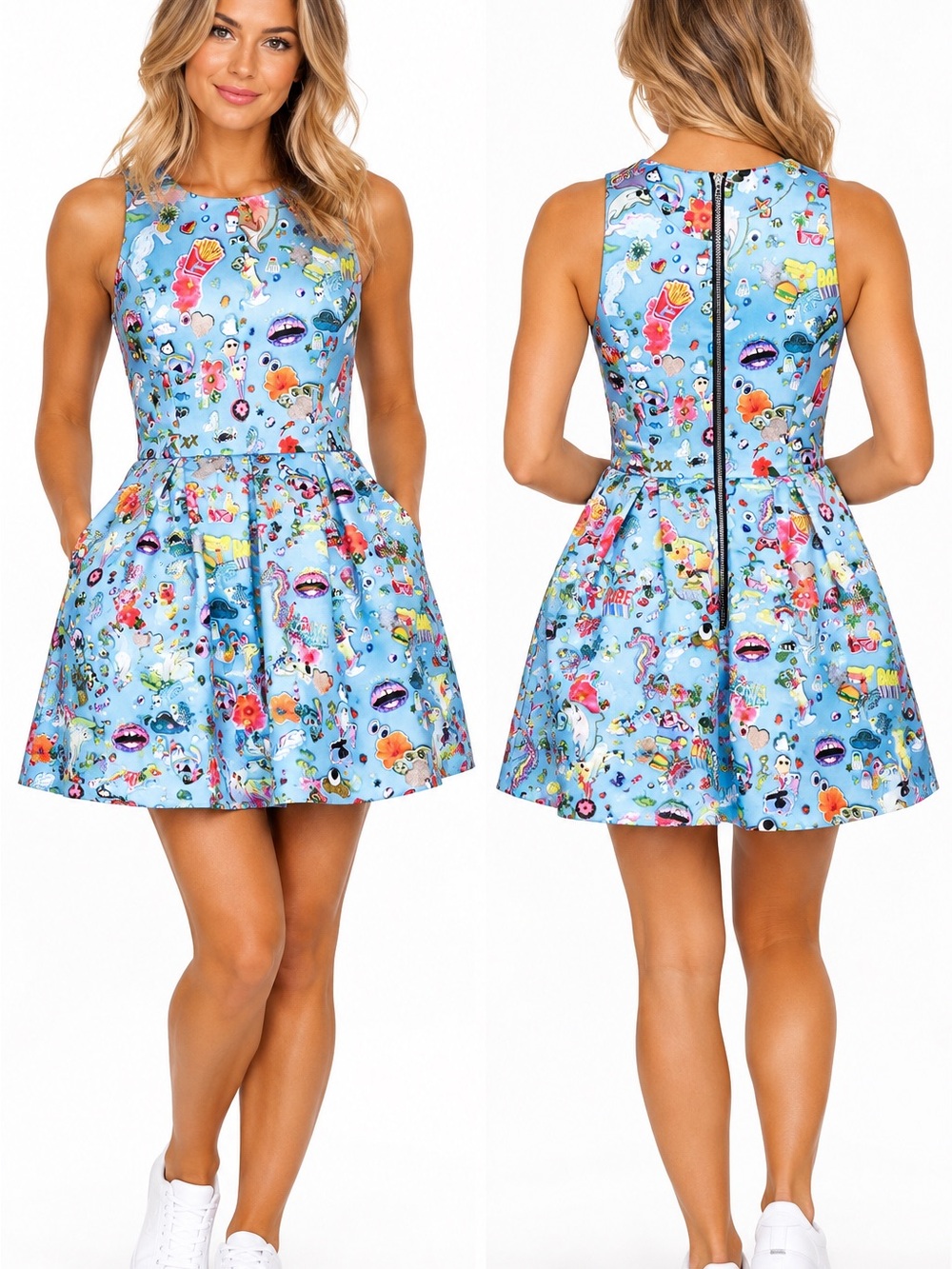 Markus Lupfer Sky Blue Pop-Art Fit & Flare Mini Dress